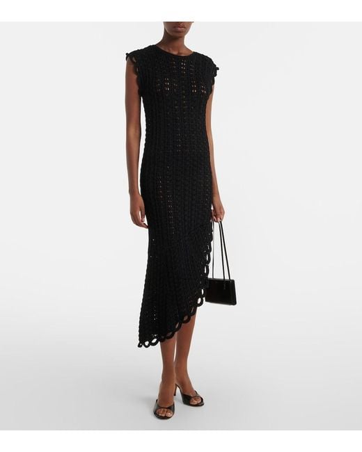 Loulou de Saison Black Malena Asymmetric Scalloped Crochet Midi Dress
