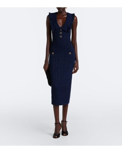 Alessandra Rich Blue Knitted Virgin Wool Midi Dress