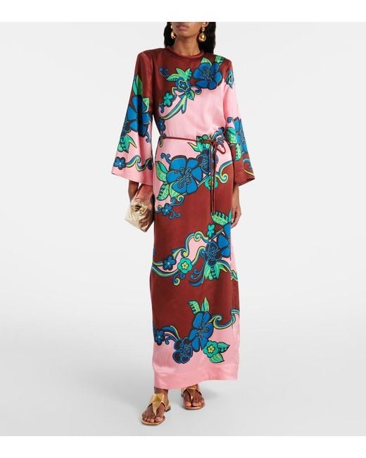ALÉMAIS Blue Printed Silk Satin Maxi Dress
