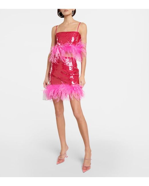 GIUSEPPE DI MORABITO Pink Sequined Feather-trimmed Crop Top
