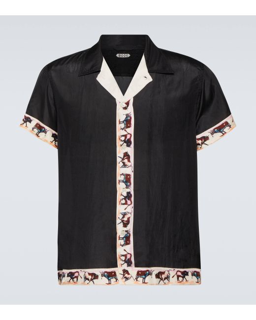 Bode Black Taureau Printed Silk Bowling Shirt for men