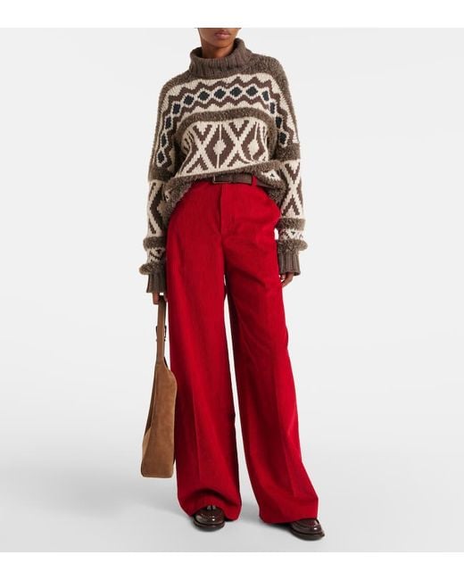 Brunello Cucinelli Red High-Rise Cotton Corduroy Wide-Leg Pants