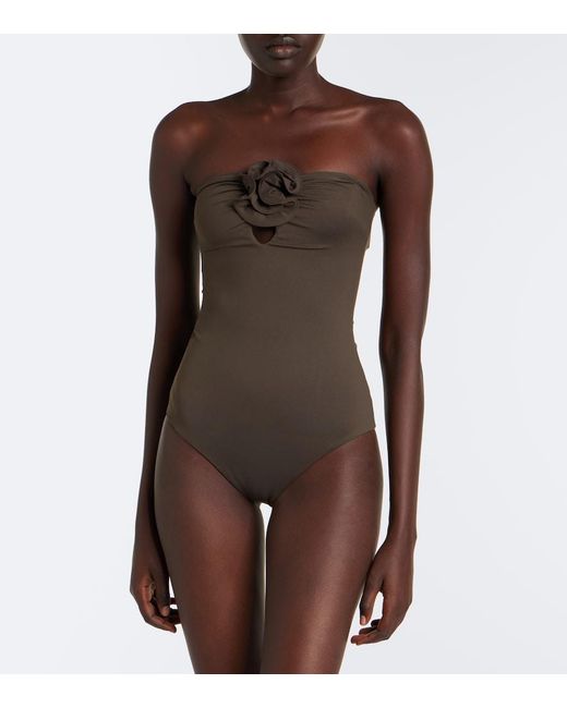 Magda Butrym Brown Floral-Applique Gathered Swimsuit