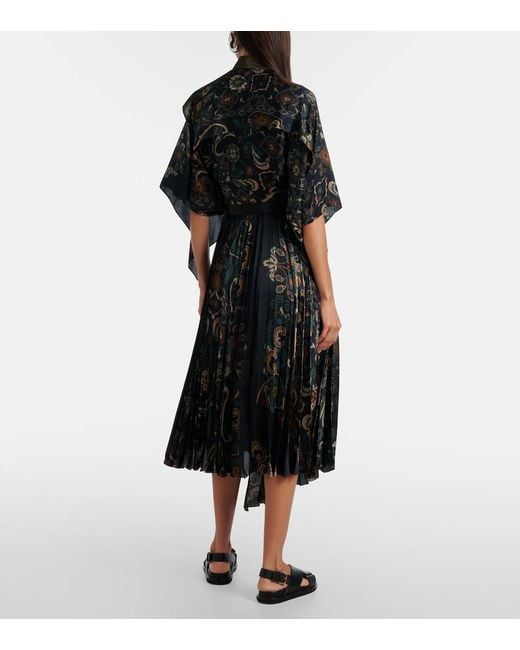 Sacai Black Floral Pleated Midi Skirt
