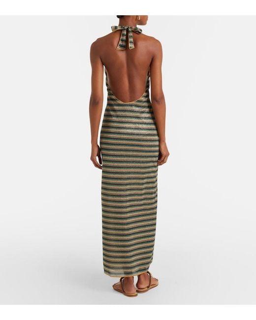 Oseree Metallic Lumiere Striped Halterneck Maxi Dress