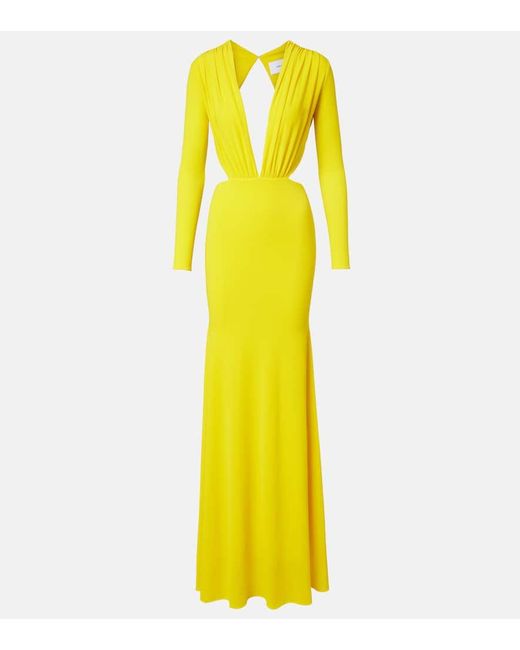 Alex Perry Yellow Ruched Open-Back Crepe Jersey Gown