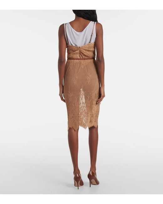 JACQUES WEI Brown Layered Leather-Trimmed Lace Midi Skirt