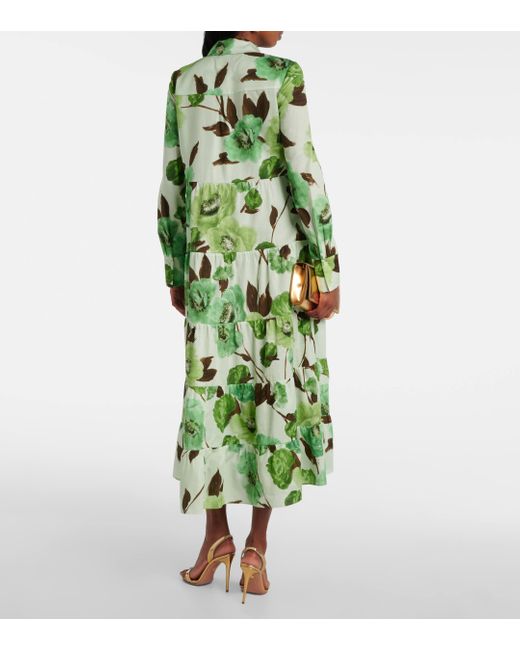 Erdem Green Floral-Print Cotton Midi Shirt Dress