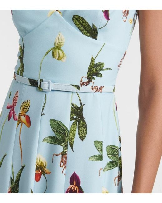 Oscar de la Renta Blue Floral Belted Cady Midi Dress