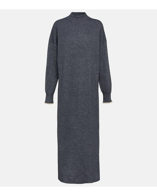Brunello Cucinelli Blue Ribbed-Knit Cotton And Alpaca Midi Dress