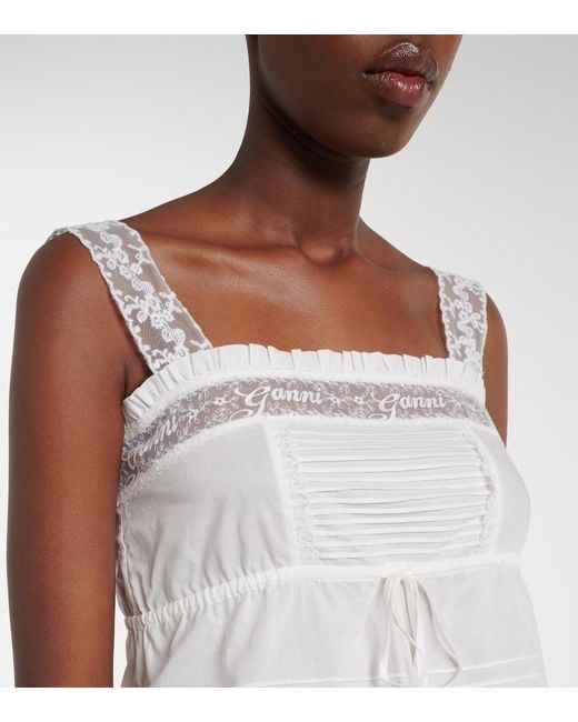 Ganni White Lace-Trimmed Ruffled Cotton Crop Top