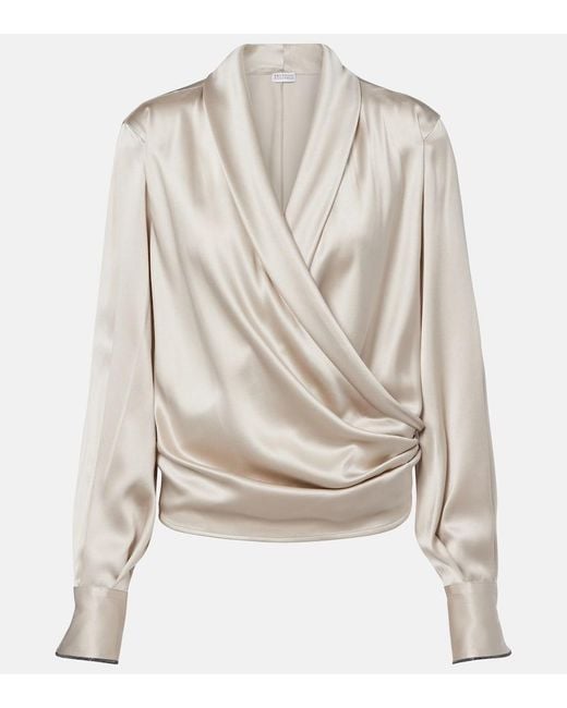 Brunello Cucinelli Gray Draped Silk-Blend Blouse