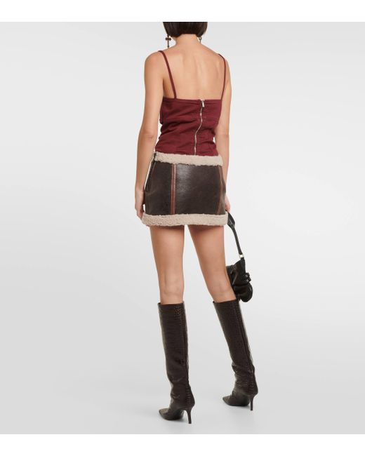 Blumarine Brown Shearling-trimmed Leather Miniskirt