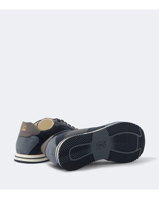 Brunello Cucinelli Blue Leather-Trimmed Sneakers for men