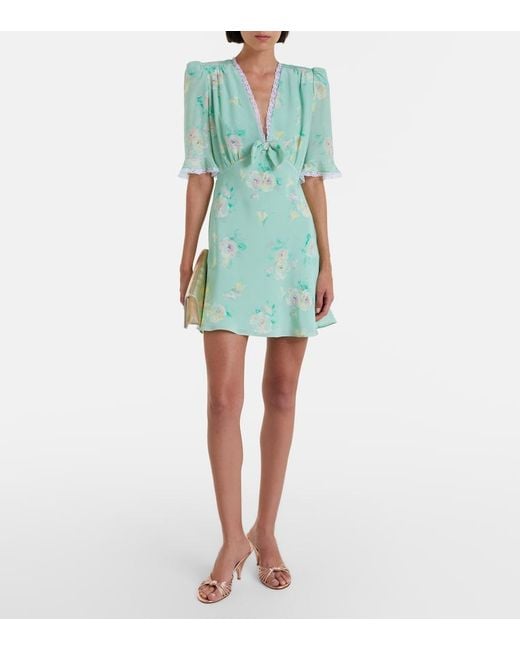 Alessandra Rich Green Lace-Trimmed Floral Silk Minidress
