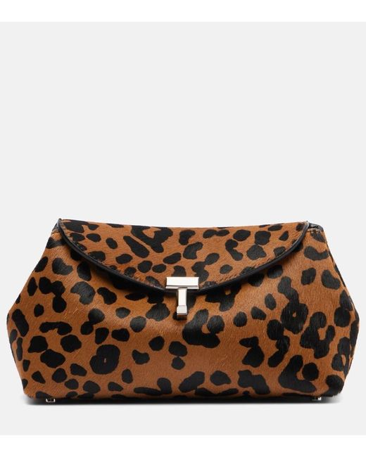 Totême Brown T-Lock Mini Leopard-Print Calf Hair Clutch