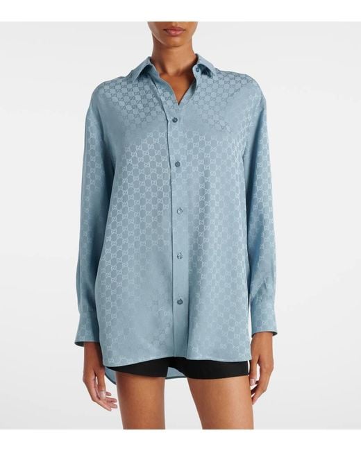 Camisa De Seda Con Gg Gucci de color Blue