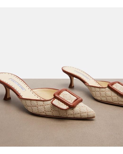 Manolo Blahnik Natural Maysale Leather-Trimmed Mules