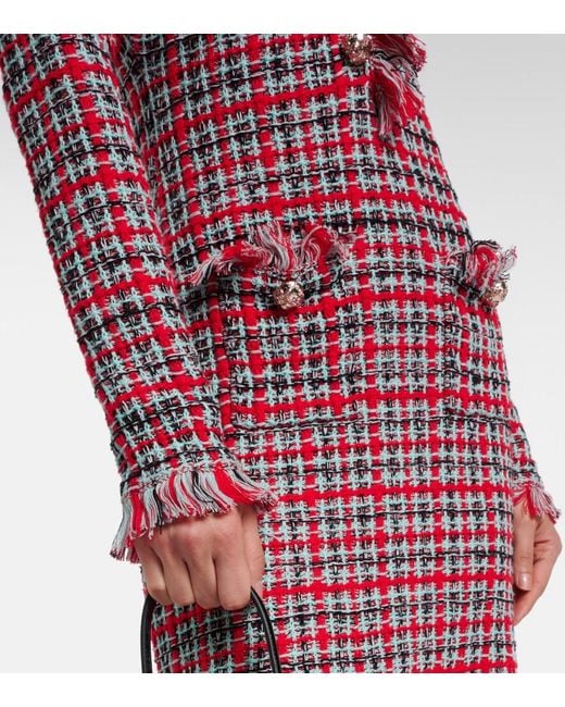 Self-Portrait Red Checked Frayed Knitted Midi Dress