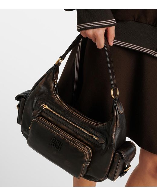 Miu Miu Black Distressed Leather Shoulder Bag