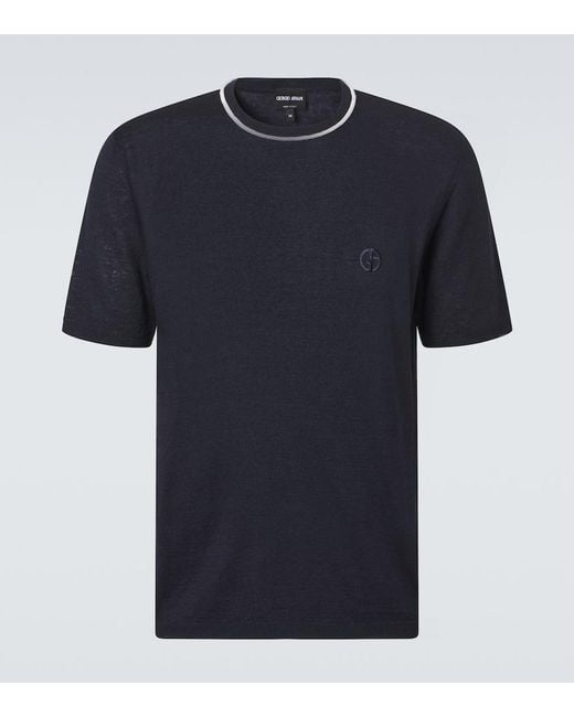 Giorgio Armani Blue Logo Linen And Silk T-Shirt for men