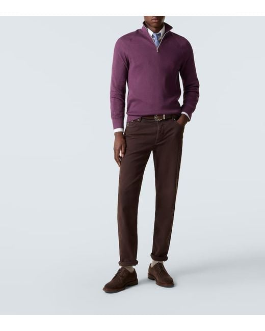 Brunello Cucinelli Purple Ribbed-Knit Cotton Half-Zip Sweater for men