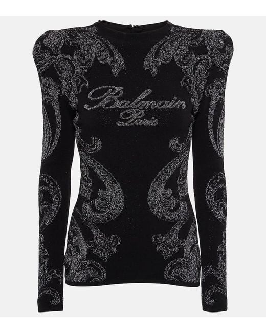 Balmain Black Logo Paisley Cotton-Blend Jersey Top