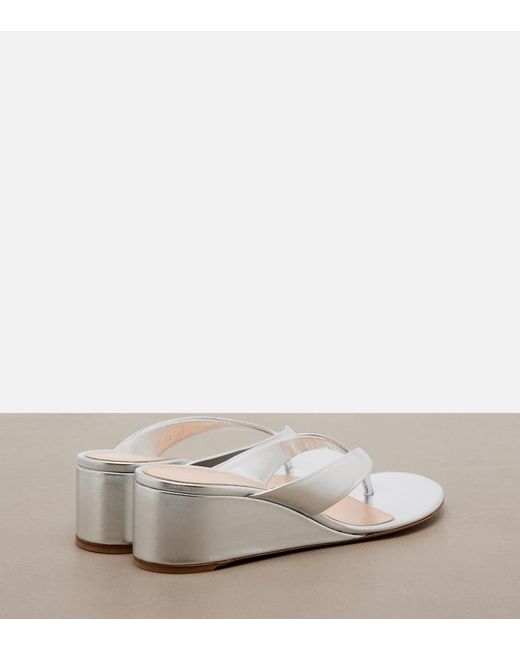 Gianvito Rossi White Metallic Leather Wedge Thong Sandals