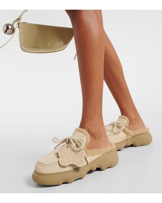 Burberry White Ekd Shearling-Lined Suede Mules