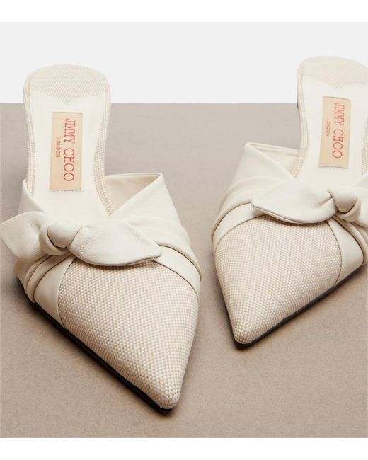 Jimmy Choo White Livi Bow-Detail Leather-Trimmed Canvas Mules
