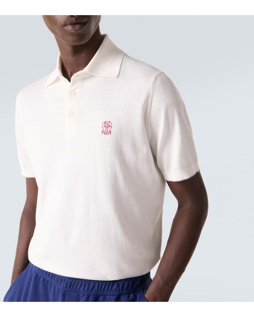 Brunello Cucinelli White Embroidered Cotton Pique Polo Shirt for men