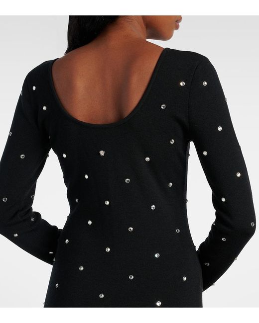 Versace Black Crystal-Embellished Virgin Wool Midi Dress