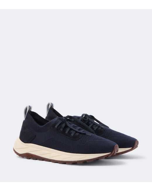 Fedeli Blue Knitted Suede-Trimmed Sneakers for men