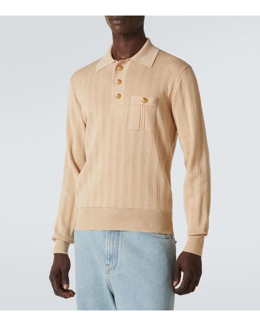 Valentino Natural Ribbed-Knit Cotton Polo Sweater for men