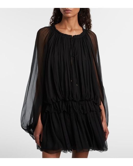 Chloé Black Ruffled Draped Silk Minidress