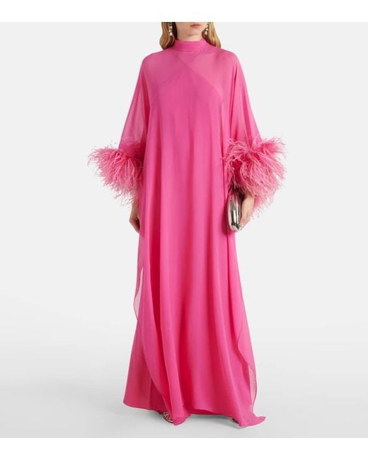 ‎Taller Marmo Pink Penelope Feather-Trimmed Silk Kaftan