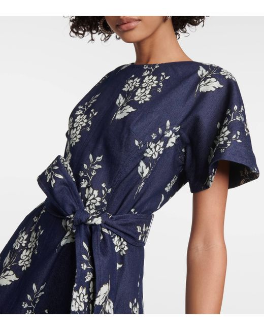Carolina Herrera Blue Belted Floral Midi Dress