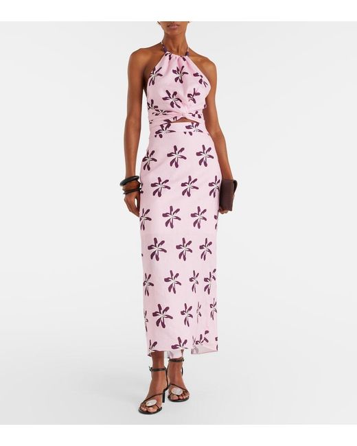 Cala De La Cruz Pink Lodi Floral Halterneck Linen Crop Top