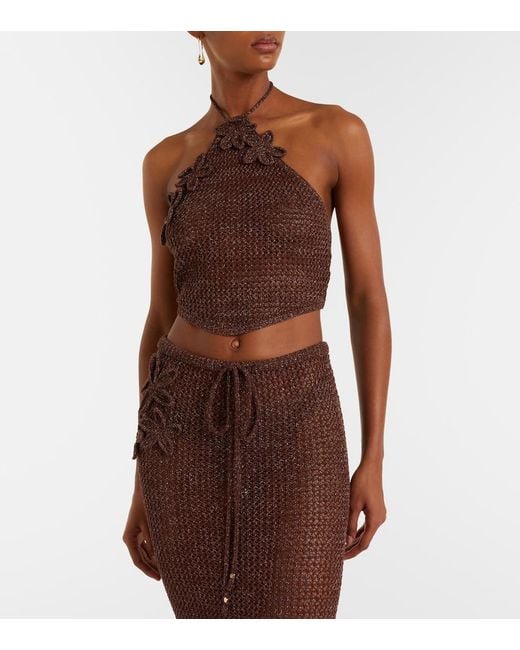 Bananhot Brown Cori Open-Knit Halterneck Lame Crop Top