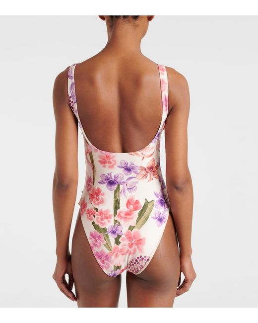 Costume Intero Con Applicazioni Floreali di Agua Bendita in Pink