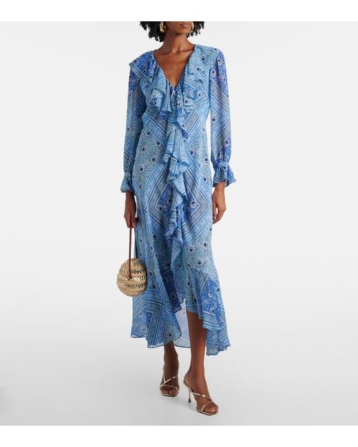 Rixo Blue Gracye Ruffled Silk Maxi Dress