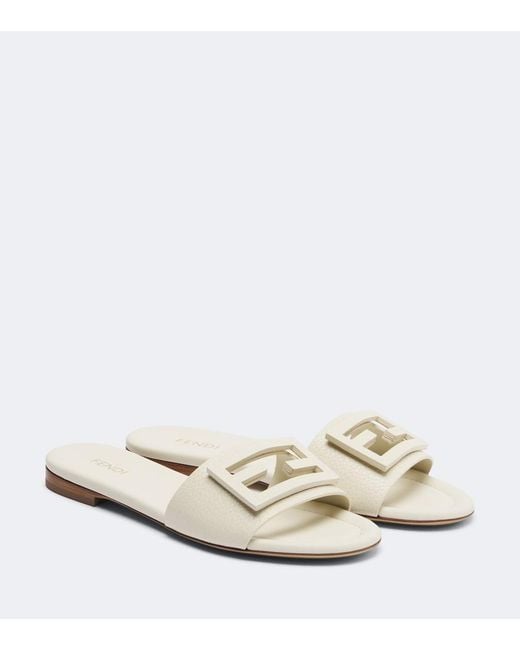 Fendi White Ff Leather Slides