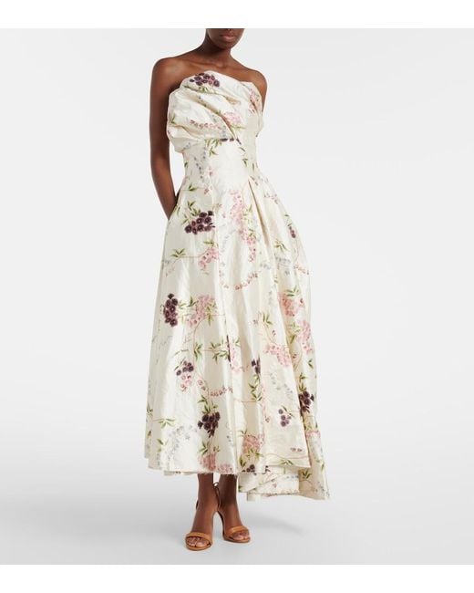 Erdem Natural Draped Floral Satin Cocktail Dress