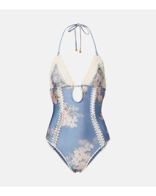 Zimmermann Blue Cascadian Crochet Keyhole Cutout Swimsuit