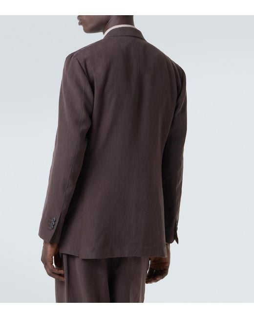Saman Amel Brown Double-Breasted Linen Canvas Blazer for men