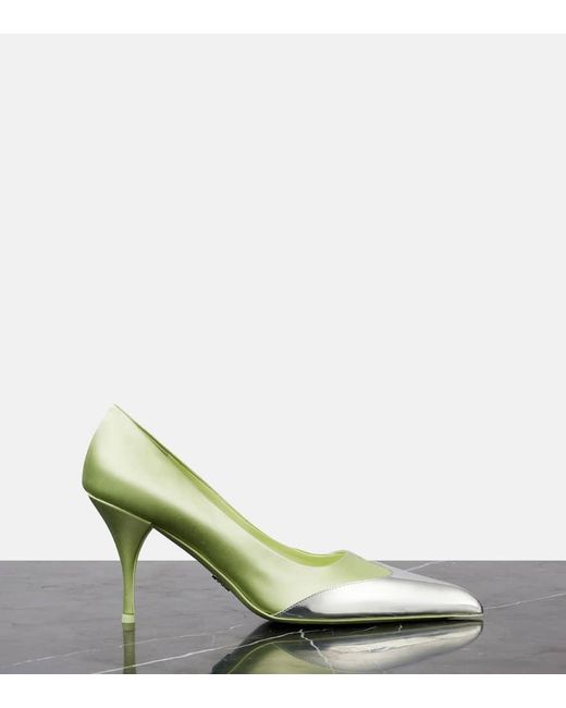 Prada Green 85 Satin And Metallic Leather Pumps
