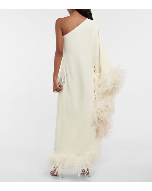 Taller Marmo White Ubud One-Shoulder Feather-Trimmed Crepe Maxi Dress