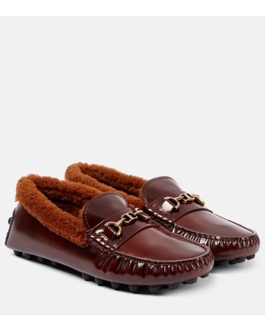 Tod's Brown Shearling-Trimmed Leather Loafers