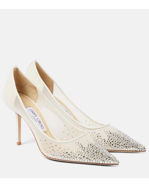 Jimmy Choo White Love 85 Crystal-Embellished Mesh Pumps