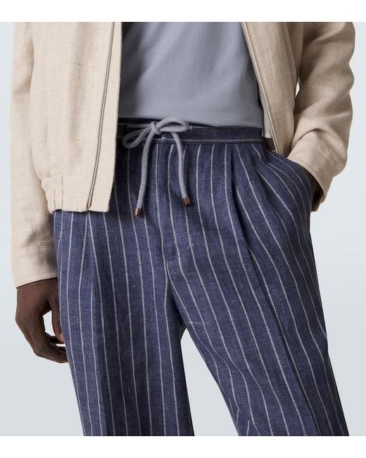 Brunello Cucinelli Blue Striped Linen Straight Pants for men